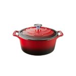 20 cm Dia Enamel Cast Iron Casserole> Capacity 2.1 Quar (QT) - Matte Black Enamel Coating finish Interior. Red Porcelain Enamel Coating Exterior.