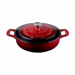 28 cm Enameled Cast Iron Saute Pan.  Capacity: 3.7 Quart (QT) - Matte Black Enamel Interior, 2-Tone Red Porcelain Enamel Exterior