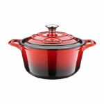 20 cm Dia.  Enameled Cast Iron Casserole, Capacity: 2.1 Quart (QT) - Matte Black Enamel Interior, Cranberry Porcelain Enamel Exterior