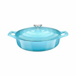 28 cm Dia. Enameled Cast Iron  Saute Pan. Capacity: 3.75 Quart (QT), Matte Black Enamel Coating Finish Interior – Pale Blue Porcelain Enamel Exterior