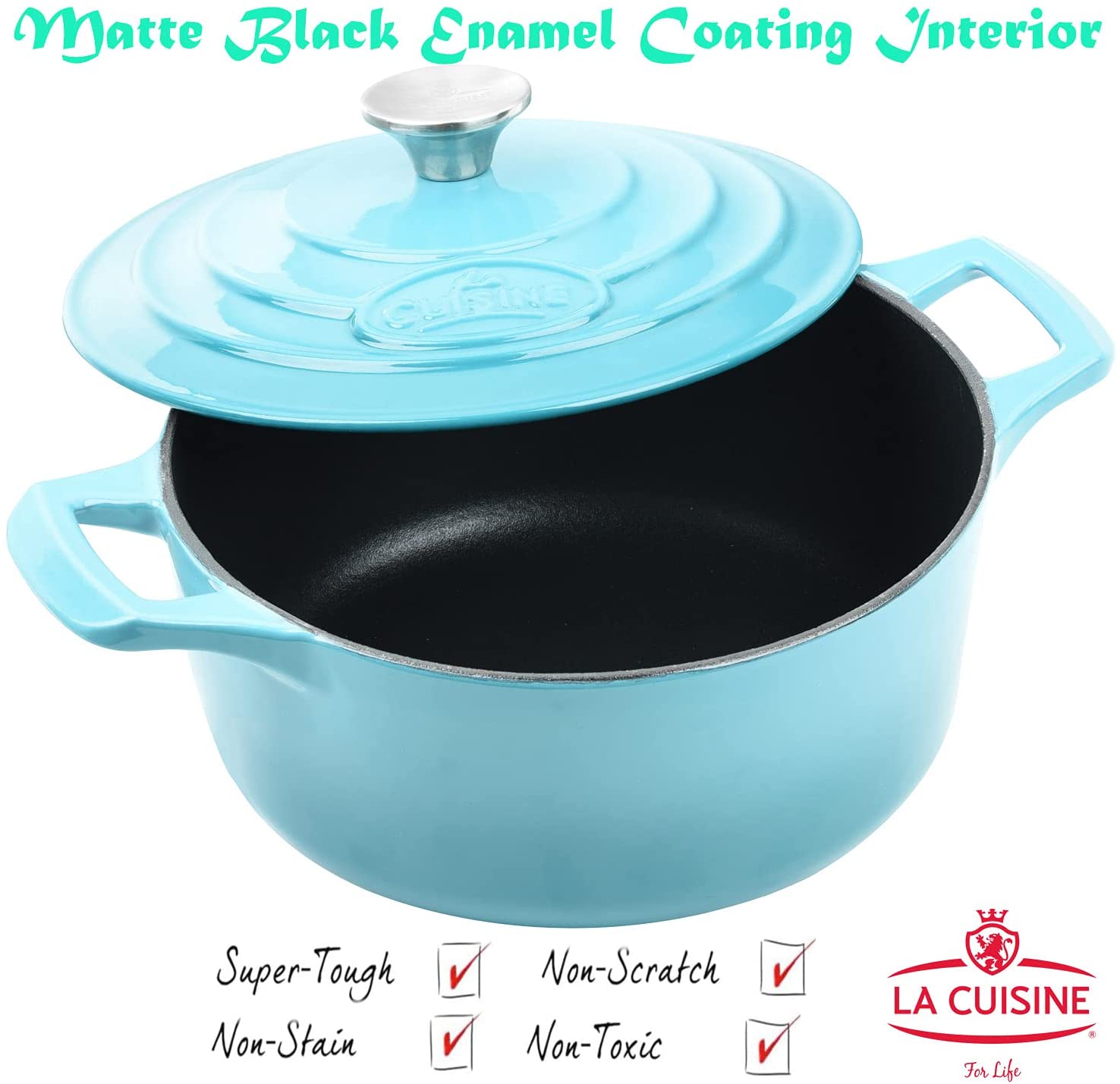 20 cm Dia. Enameled Cast Iron Casserole, Capacity:, 2.1 Quart (QT) – Matte  Black enamel coating finish Interior, Pale Blue Porcelain Enamel Exterior – La  Cuisine