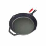 25 cm Dia. Cast Iron Frying Pan  with Matte Black Enamel Coating– Thermal Resistant Silicone holders included. Ideal for both Indoor & Outdoor use, Oven Safe.