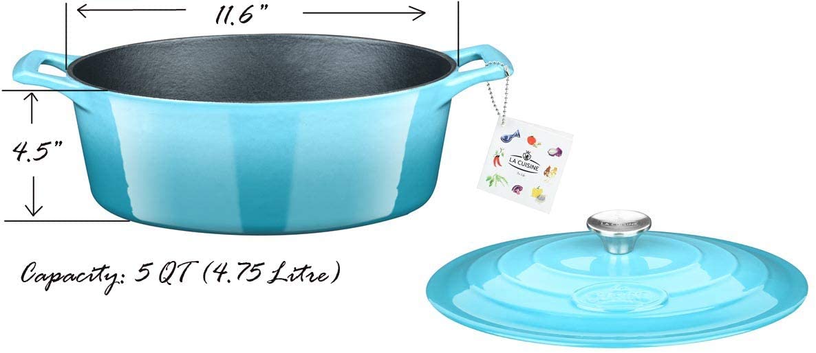 30 cm Enameled Cast Iron Oval Casserole. Capacity, 5-Quart (QT) – Matte  Black Enamel Interior, Pale Blue Porcelain Enamel Exterior – La Cuisine