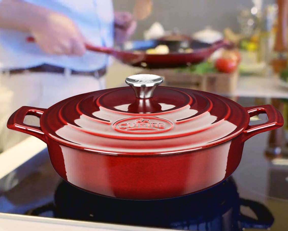 28 cm Dia. Enameled Cast Iron Saute Pan. Capacity: 3.75 Quart (QT) – Matte  Black Enamel Interior, Cranberry Porcelain Enamel Exterior – La Cuisine