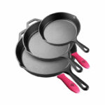 3-PC Set (8” 10” and 12”) Cast Iron Frying Pan with Matte Black Enamel Coating – 2 Silicone Heat Insulated holders included. Ideal for both Indoor & Outdoor Use, Oven Safe