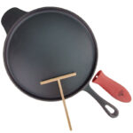 30cm Dia. Cast Iron Crepe Pan, Pizza Pan with Matte Black Enamel Coating, Wood Spatula and Silicone Pan Handle holder are included